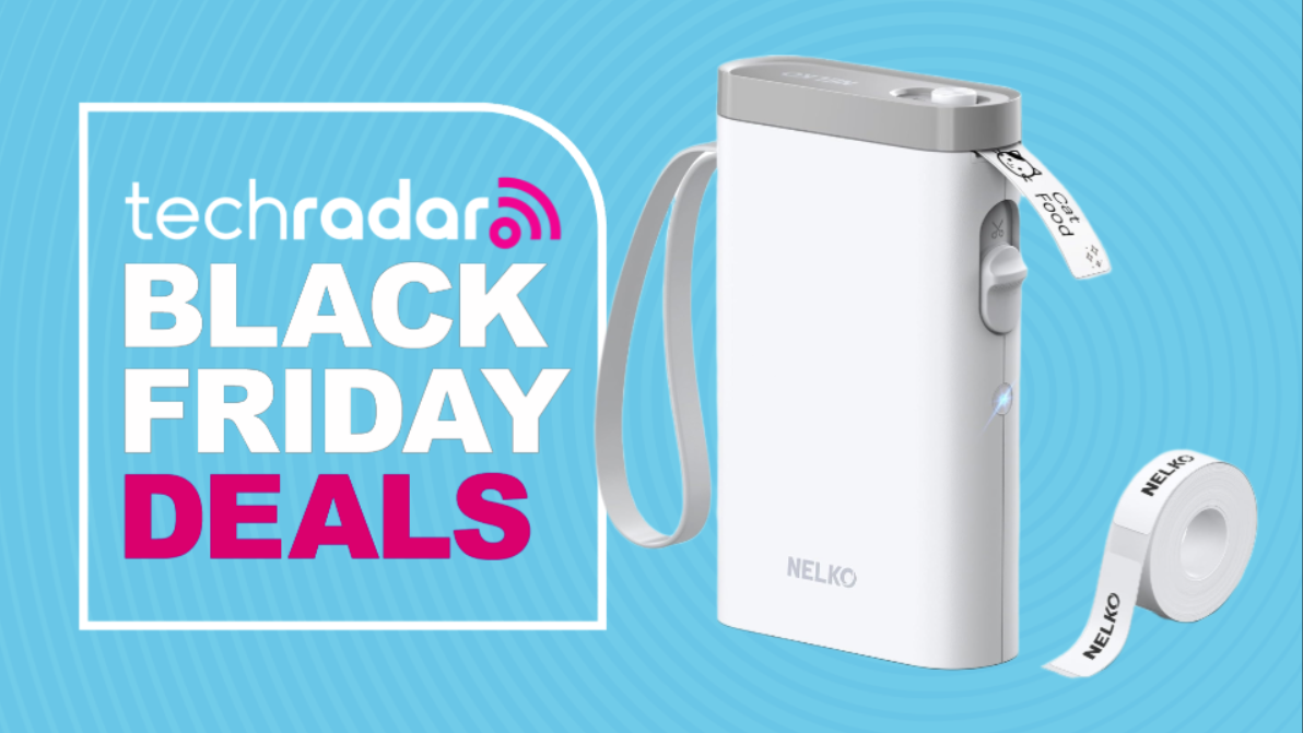 Nelko label maker on a light blue background next to a TechRadar badge reading 'Black Friday deals'