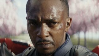 Sam Wilson (Anthony Mackie) looks ahead to a battle in Captain America: Brave New World