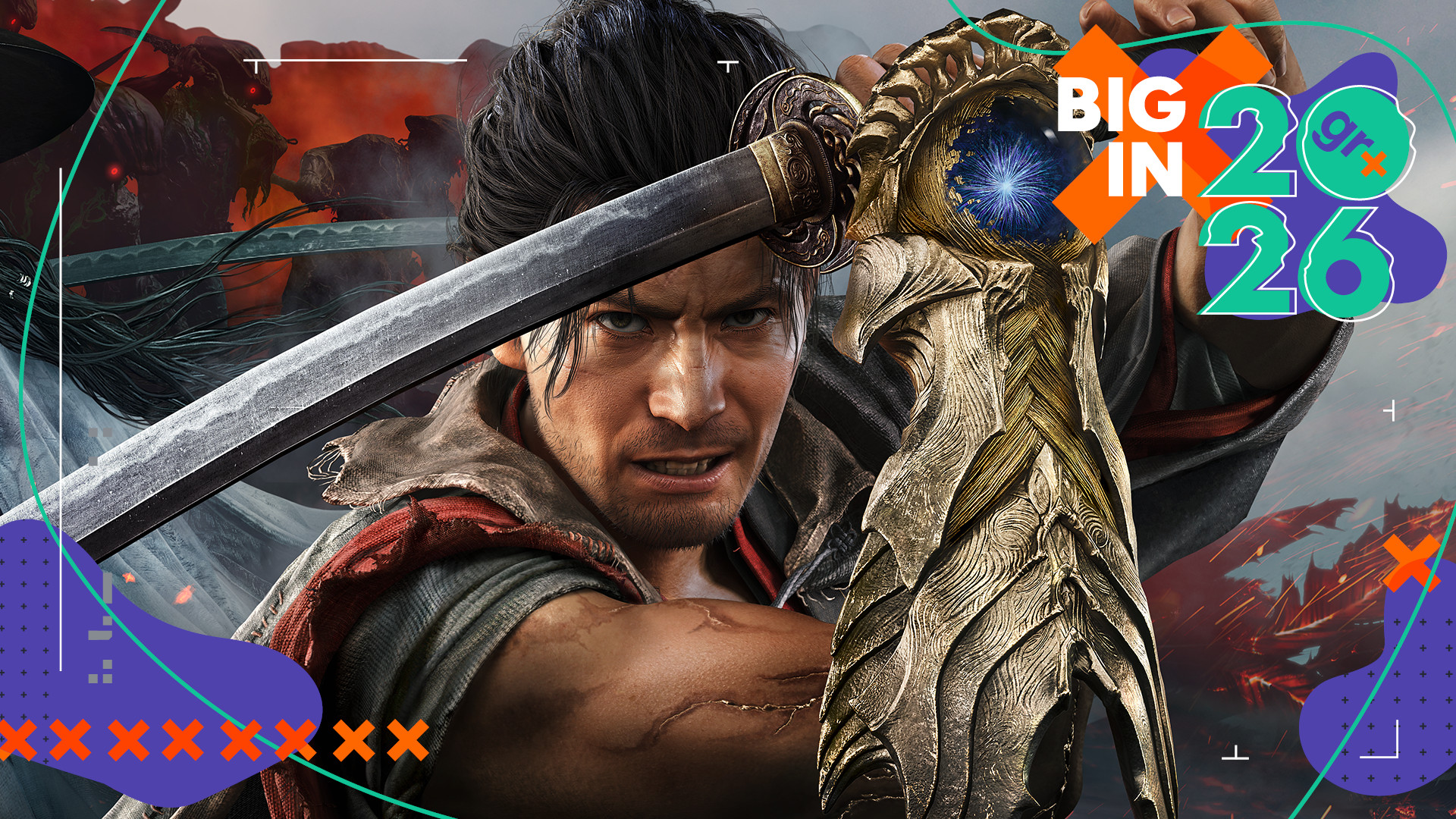 Samurai Miyamoto Musashi raises his sword to guard in key art for Onimusha: Way of the Sword, with enemies in a montage behind him - with the GamesRadar+ Big in 2026