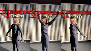 Woman demonstrates three positions of the banded dislocate with a resistance band