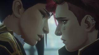 Caitlyn and Vi with their faces close, right before their first kiss in Arcane Season 2.