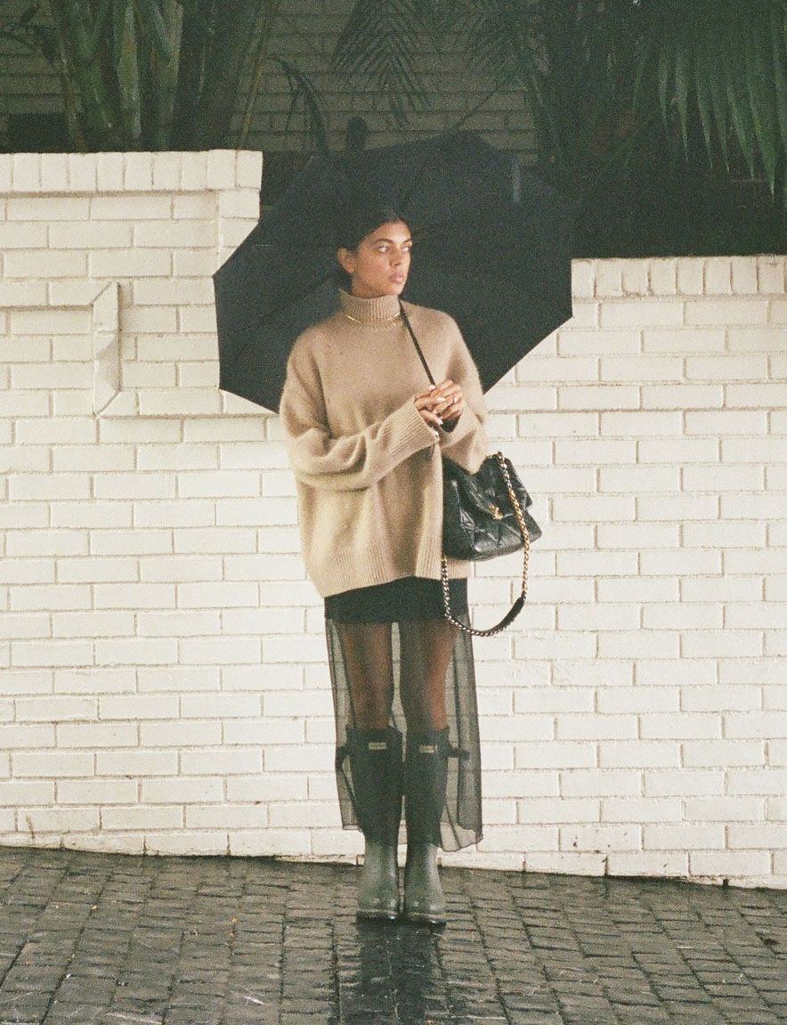 sheer skirt and sweater outfit
