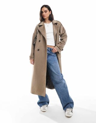 Asos Design Premium Suedette Trench Coat in Beige