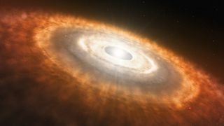 An illustration of a protoplanetary disk of planet-forming gas and dust around an infant star.
