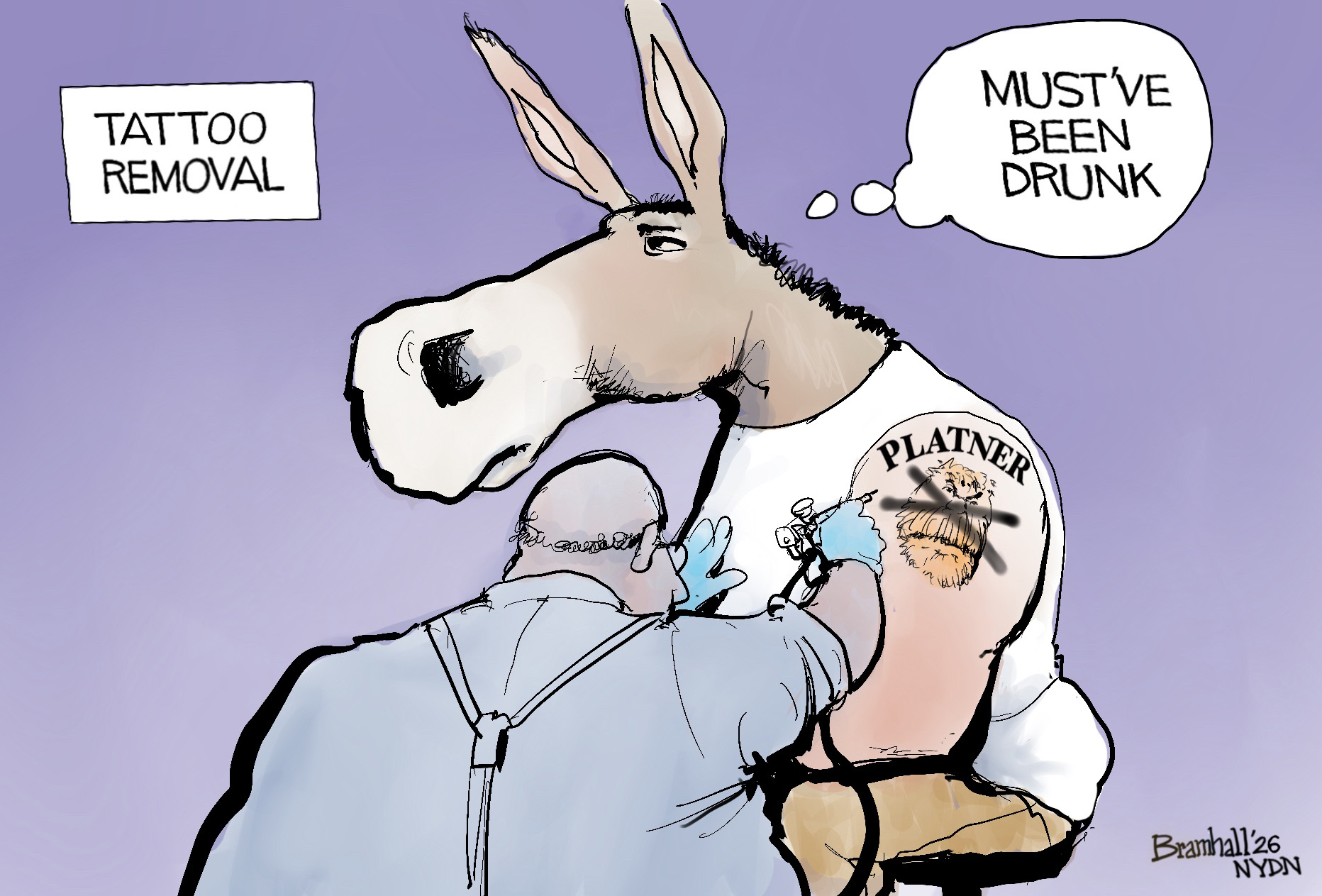This cartoon is titled &amp;ldquo;Tattoo Removal&amp;rdquo;. A man is taking a Graham Platner tattoo off the shoulder of a donkey. The donkey thinks to itself, &amp;ldquo;Must&amp;rsquo;ve been drunk.&amp;rdquo;