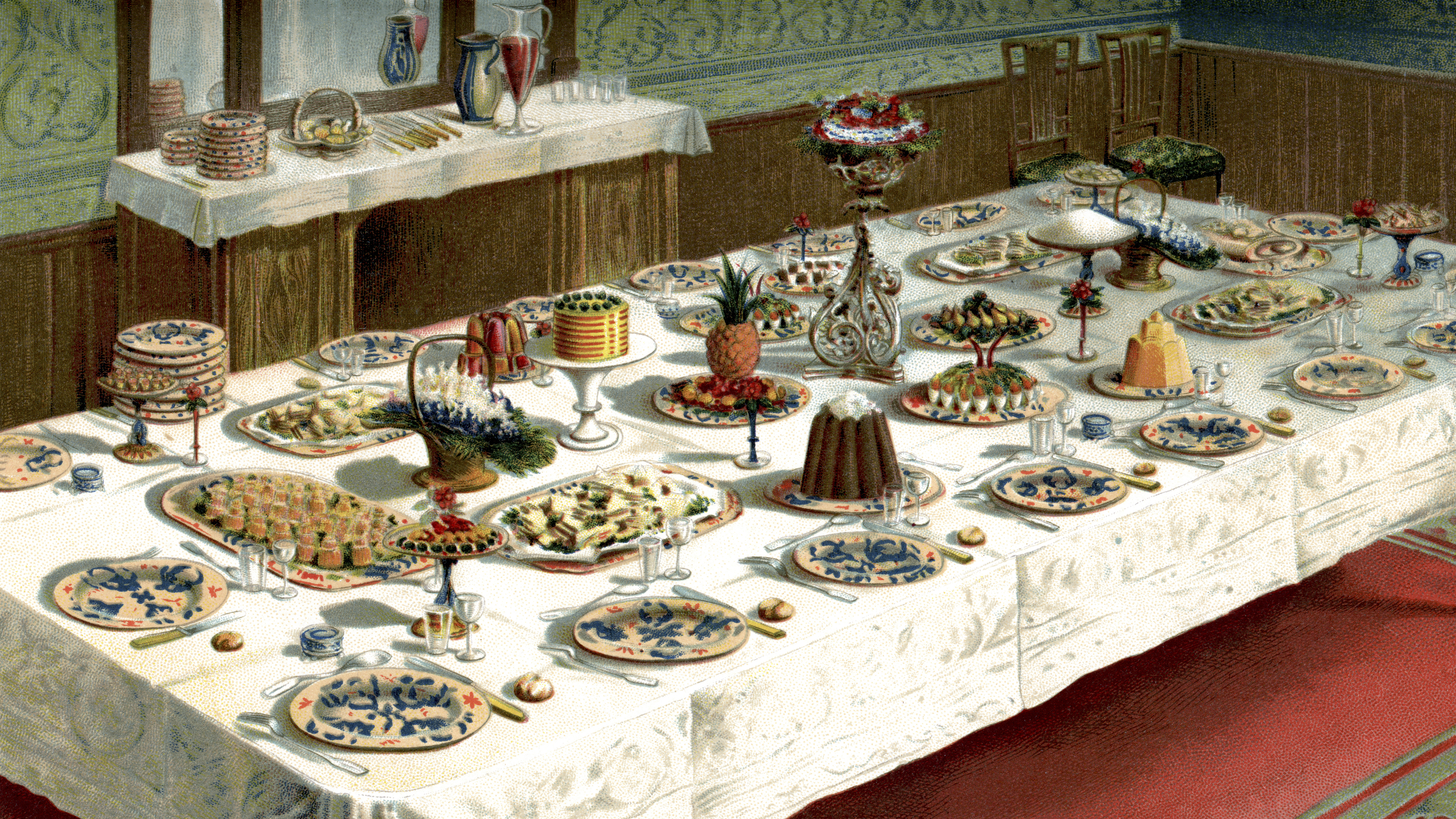 Illustration of table covered in Victorian-era food