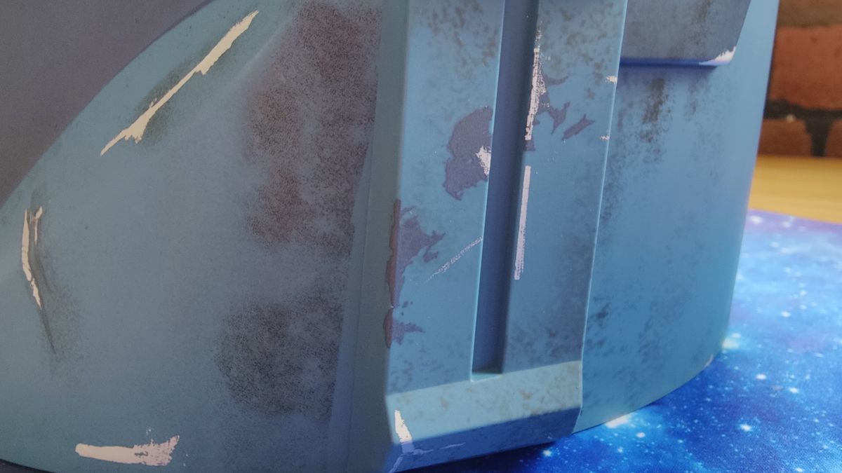 Close up of weathering on the side of the Black Series Bo-Katan Helmet - dirt and grime.