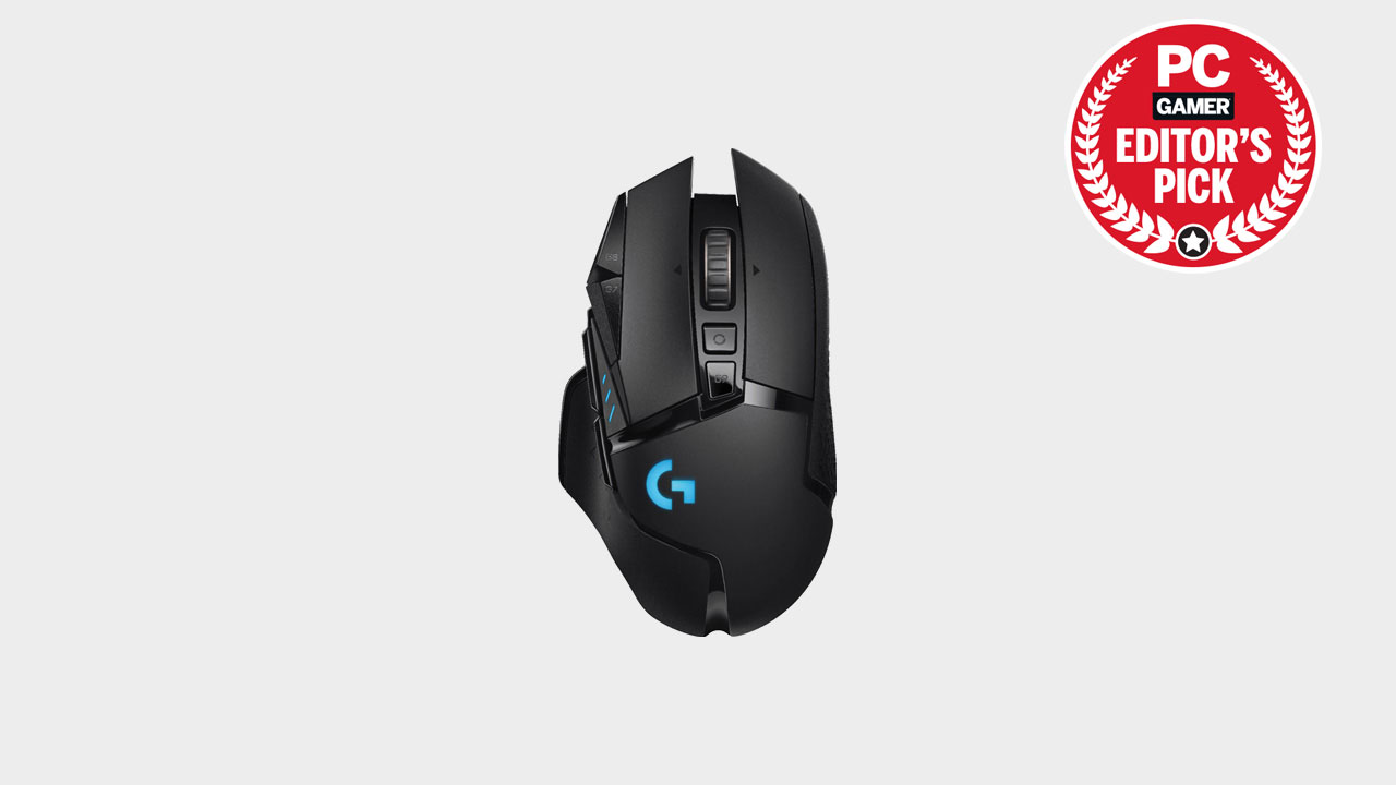 Image of the Logitech G502 Lightspeed Wireless mouse top down on a grey background.