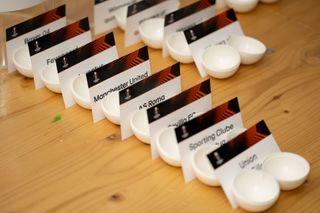 A general view of the draw cards ahead of the UEFA Europa League 2022/23 Quarter-finals and Semi-finals Draw at the UEFA Headquarters, The House of the European Football, on March 17, 2023, in Nyon, Switzerland.