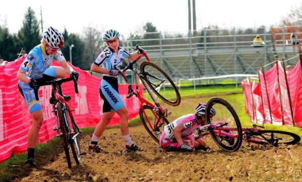 Riders near the back of the pack tangle up early in the race.