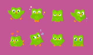 Duo the bird performs different poses on a pink background. Duo is jumping, singing, sleepy, in love, angry, crying and brimming with excitement.