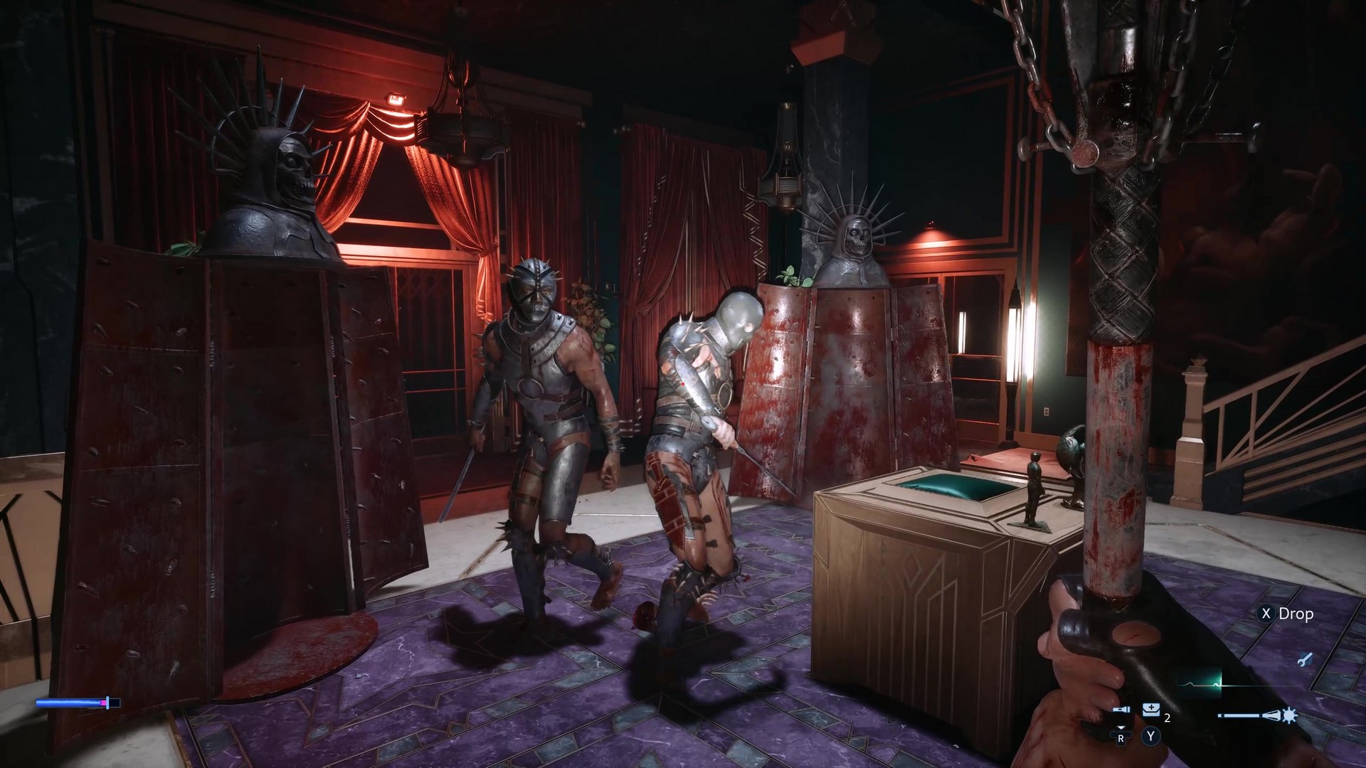 Fighting two armored enemies within a plush mansion in Hellraiser: Revival