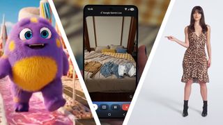 A cartoon character generated by Google Veo 3, next to a phone showing Gemini Live, next to a woman using Google's Virtual Try On feature
