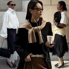 How to wear a slip skirt is shown in a collage of women's slip skirt outfits. On the left, a woman wears oversized sunglasses, a white funnel neck jacket, a black lace slip skirt, black pointed pumps, and a black frame bag. In the middle, a woman wears a black blazer over a black shirt with a brown slip skirt styled with a black boots, a white belt, a camel cardigan and a brown bag. On the right, a woman wears a white t-shirt with a yellow sweater tied around the waist styled with a black slip skirt, black and tan two-tone boots, white bangles, and a black clutch bag