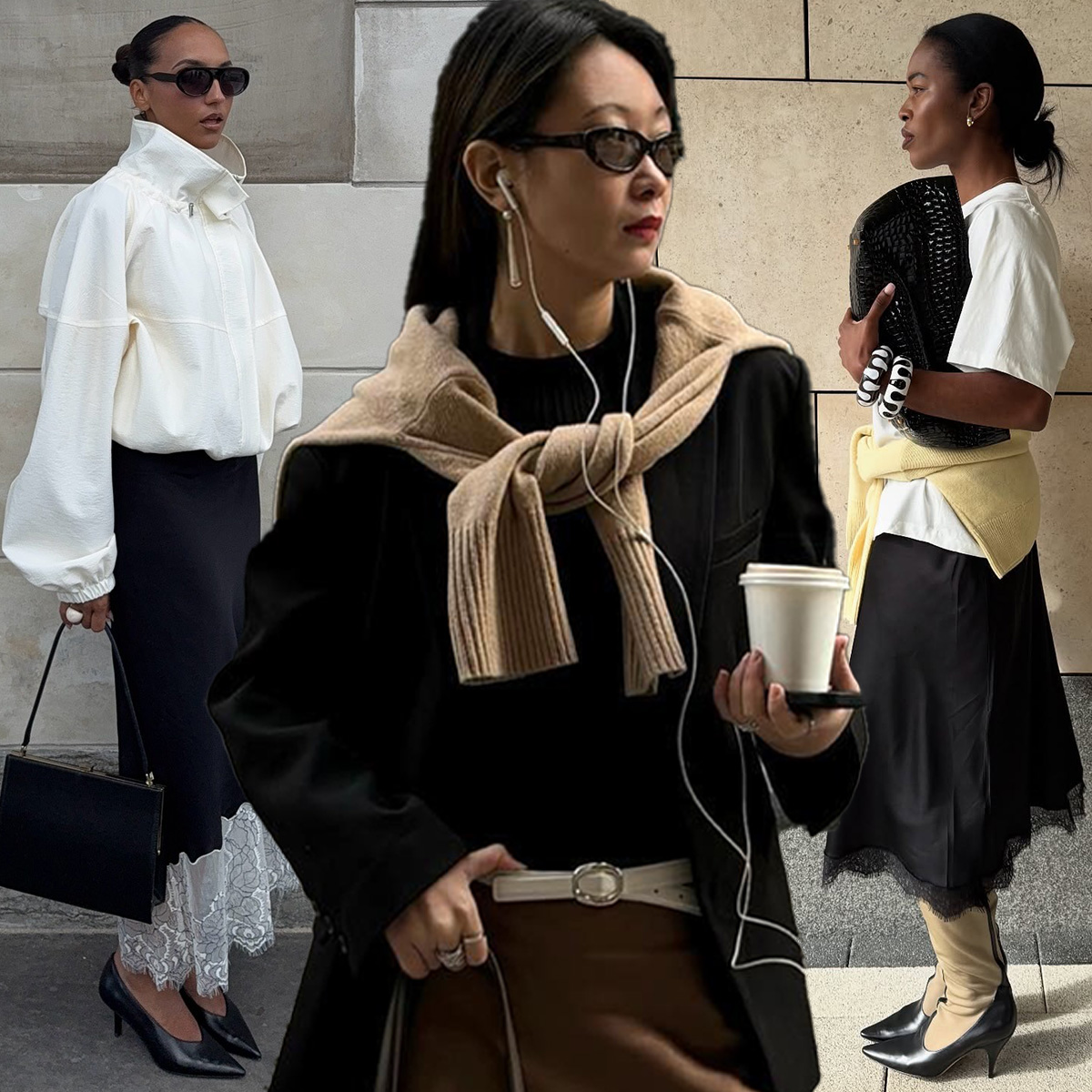 How to wear a slip skirt is shown in a collage of women's slip skirt outfits. On the left, a woman wears oversized sunglasses, a white funnel neck jacket, a black lace slip skirt, black pointed pumps, and a black frame bag. In the middle, a woman wears a black blazer over a black shirt with a brown slip skirt styled with a black boots, a white belt, a camel cardigan and a brown bag. On the right, a woman wears a white t-shirt with a yellow sweater tied around the waist styled with a black slip skirt, black and tan two-tone boots, white bangles, and a black clutch bag