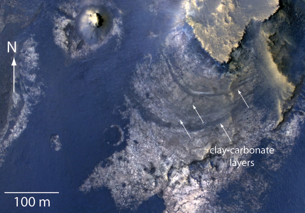 An annotated look at the huge McLaughlin Crater on Mars, showing locations of minerals and clays created by water in the ancient past. The region may have once been a groundwater lake billions of years ago. Image released Jan. 20, 2013.