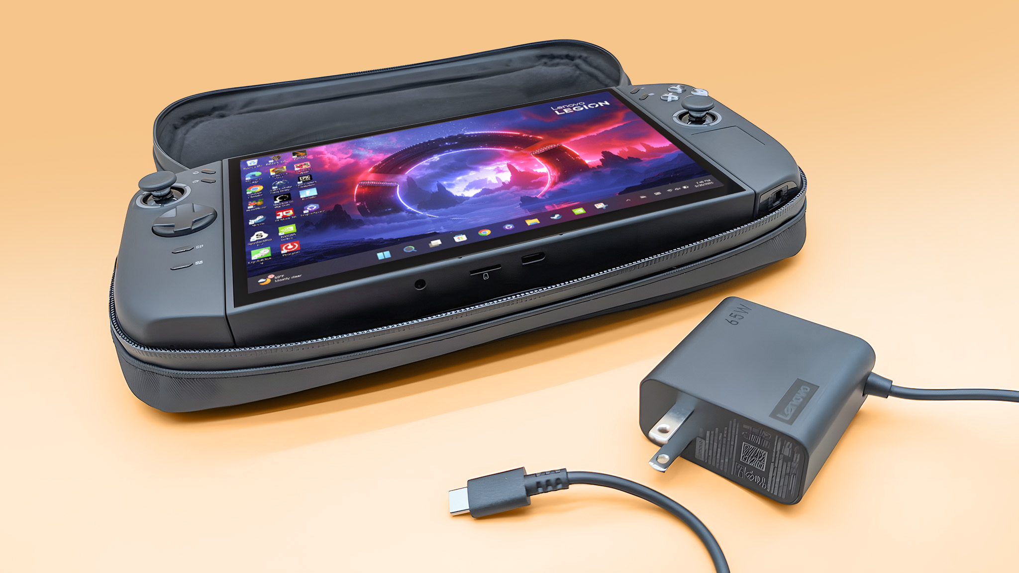The Lenovo Legion Go 2 in its case with the 65W wall adapter next to it.