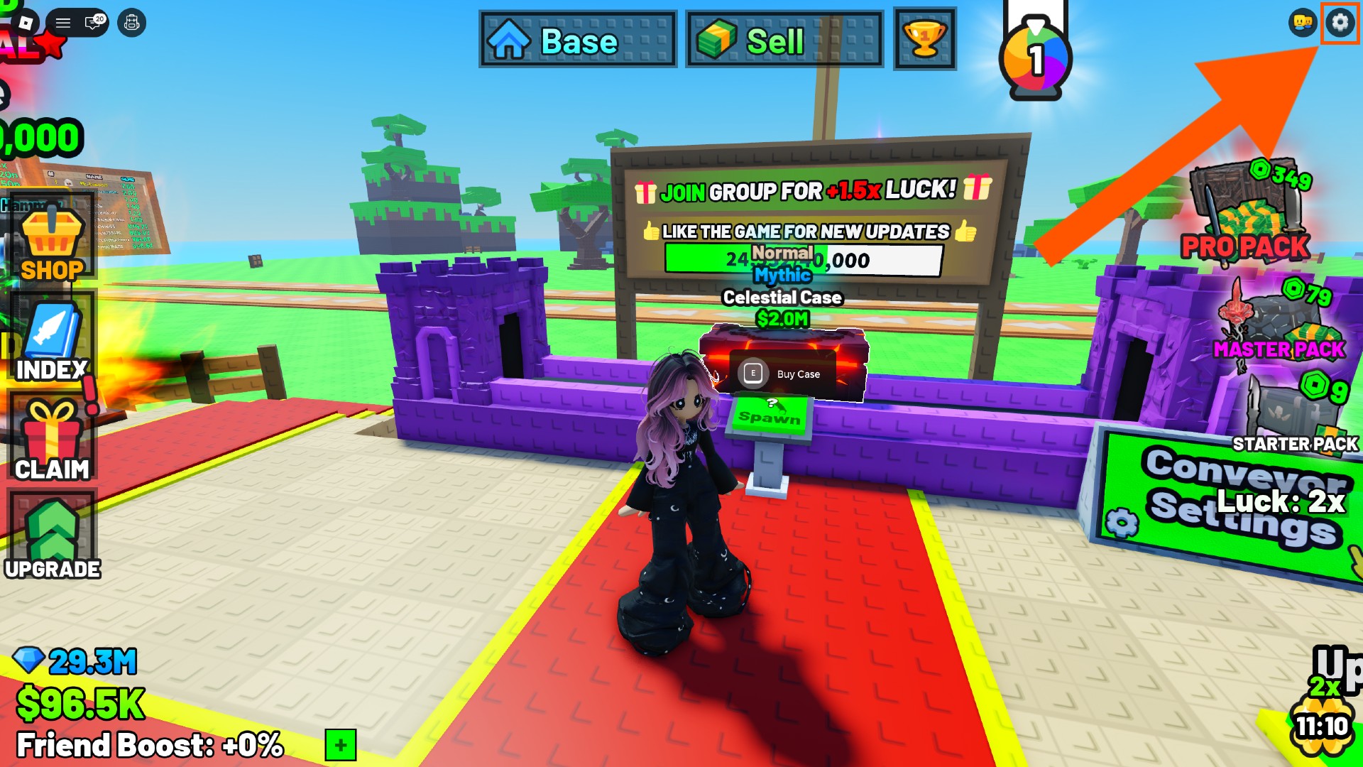 An orange arrow points to the settings menu cog where you can redeem My Knife Farm codes.