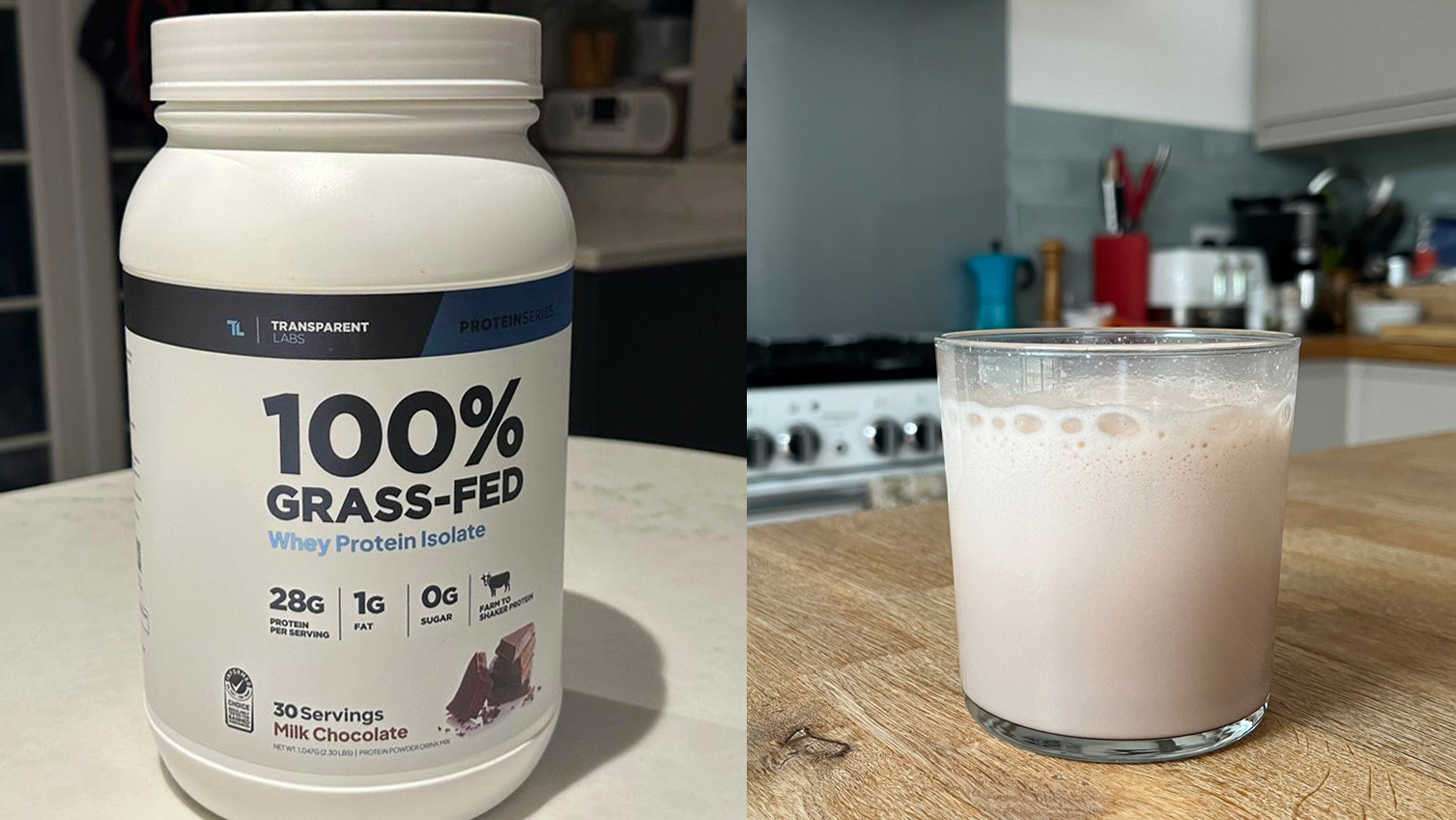 Two pictures make up a collage; one shows Transparent Grass-fed Protein in a large tub, the other shows it mixed, forming a creamy substance in a glass, in a kitchen.
