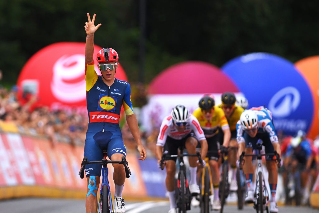 BUCOVINA TATRZANSKA POLAND AUGUST 17 Thibau Nys of Belgium and Team LidlTrek celebrates at finish line as stage winner during the 81st Tour de Pologne Stage 6 a 1832km stage from Wadowice to Bukowina Tatrzanska 946m UCIWT on August 17 2024 in Bukowina Tatrzanska Poland Photo by Luc ClaessenGetty Images