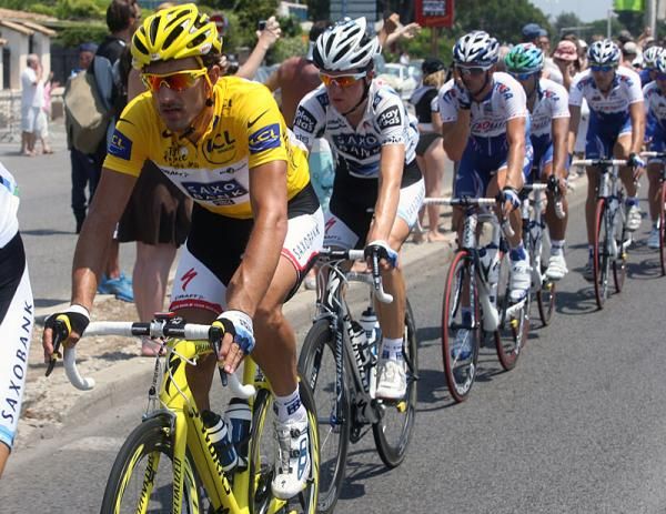 Race leader Fabian Cancellara always had his Saxo Bank teammates nearby.