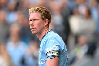 Kevin De Bruyne, wearing the captain's armband in action for Manchester City in August 2024