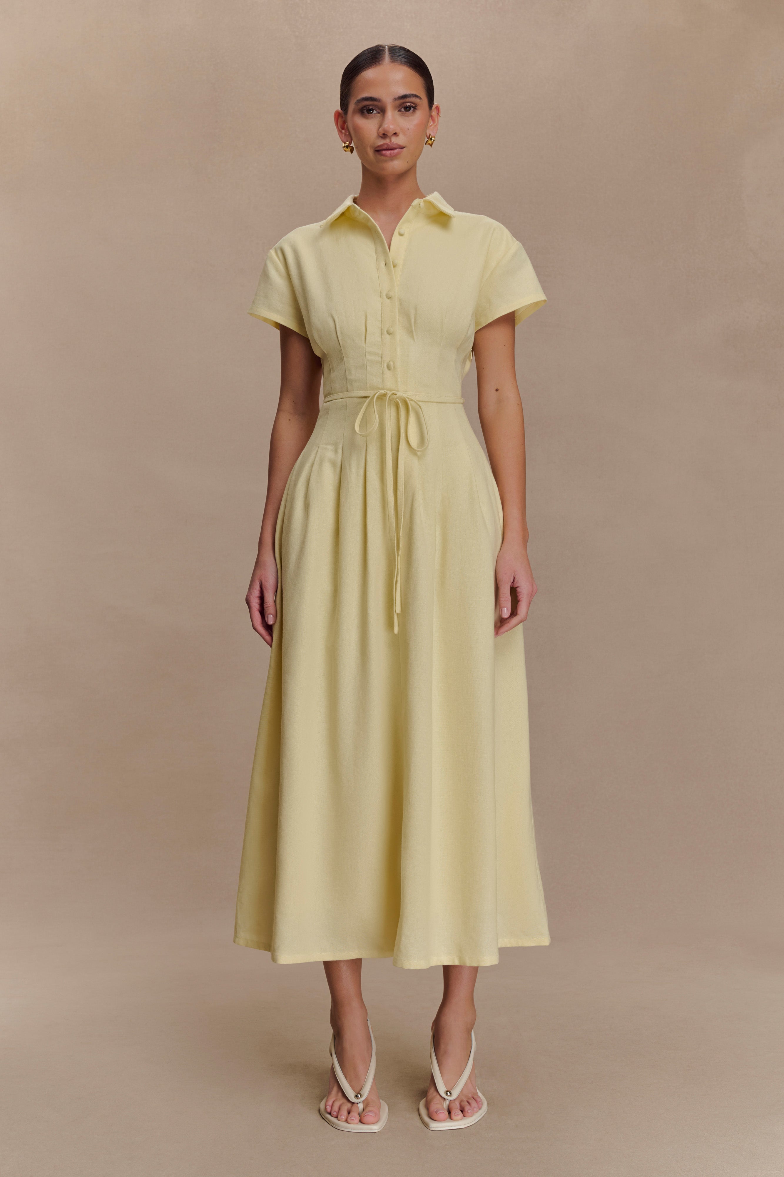 Aysha Buttoned Linen Midi Dress - Lemon Xxs