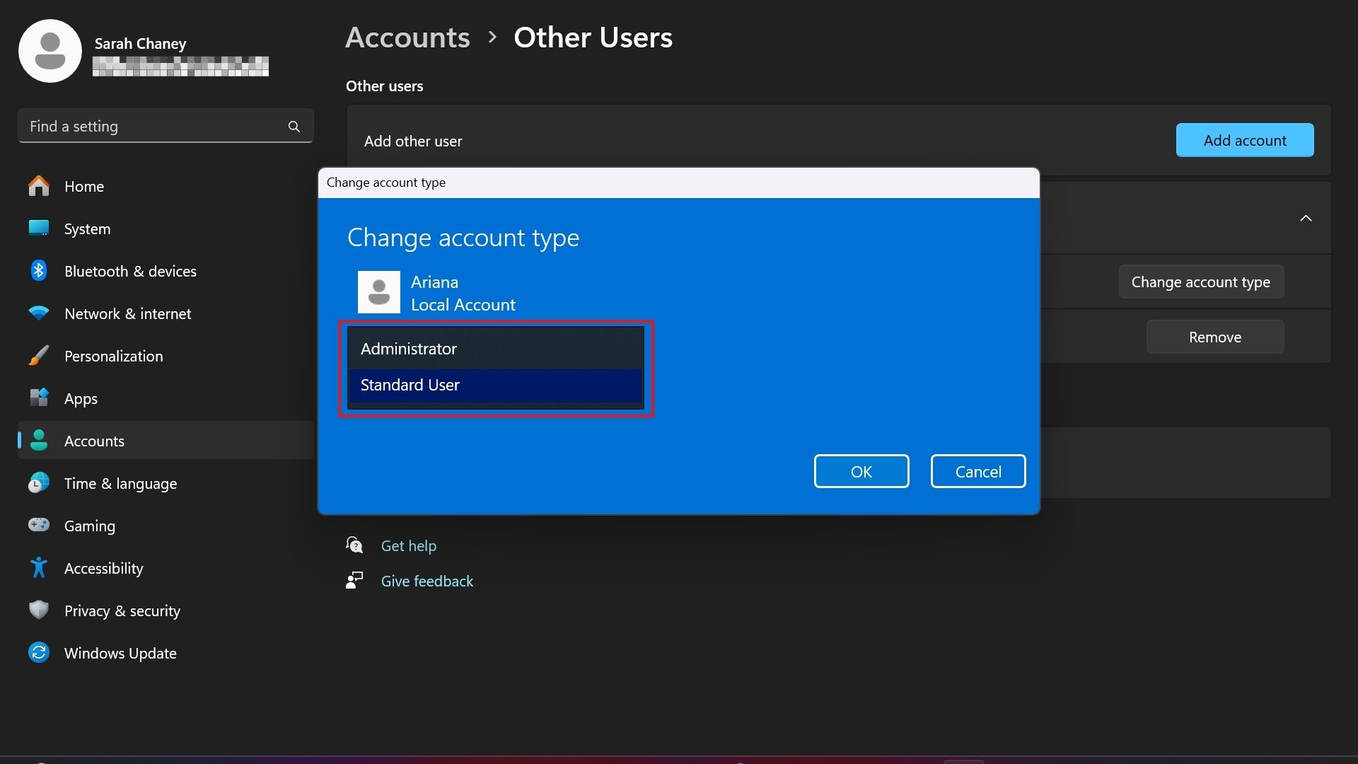 changing user account permissions in windows 11 settings