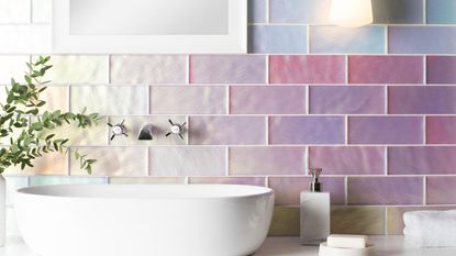 Pink glass bathroom tile close up