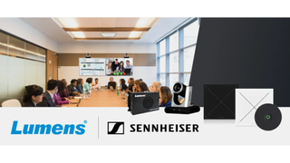Sennheiser x Lumens integration shown in a conference room.