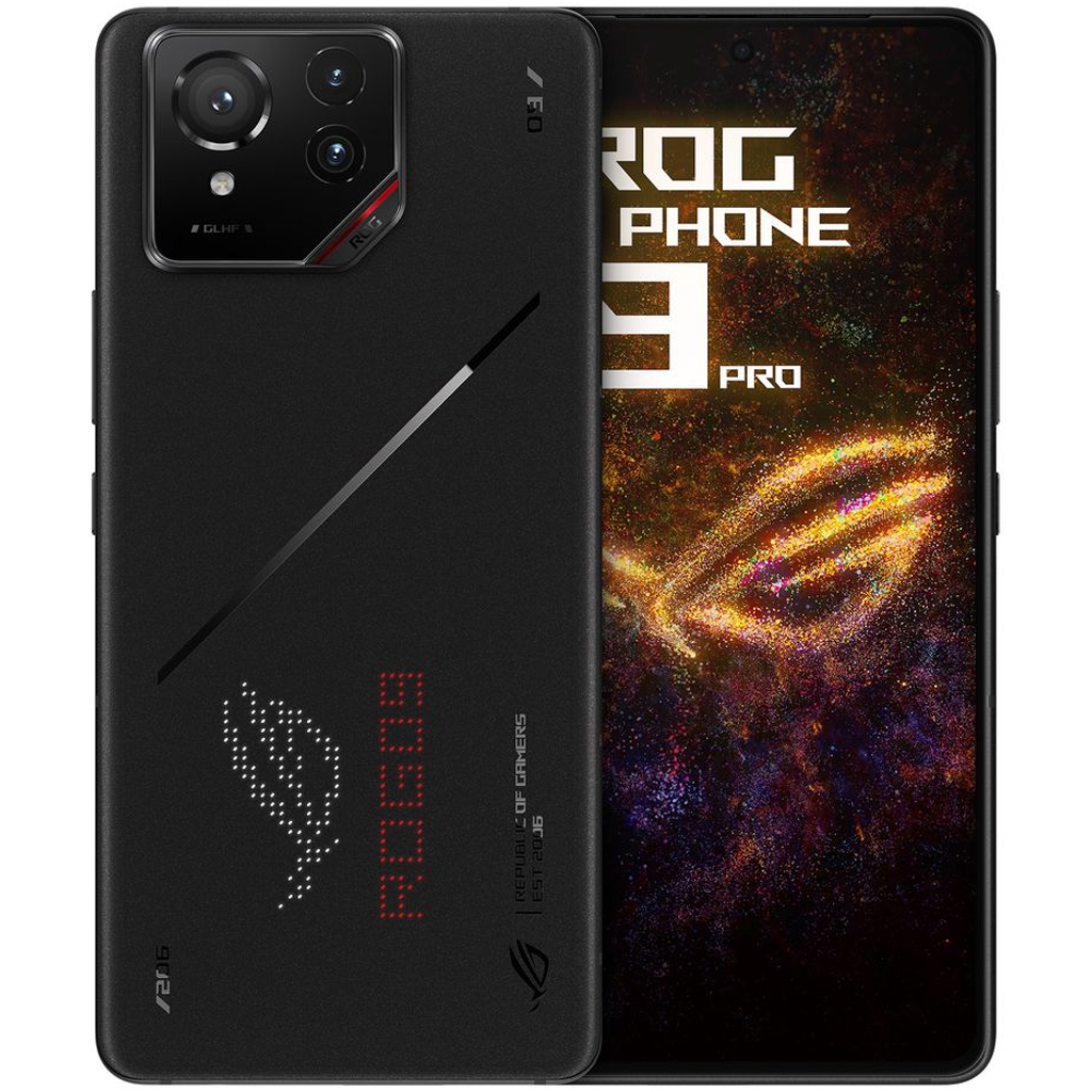 Asus ROG Phone 9 Pro front and back showing LED display on back with ROG09 showing