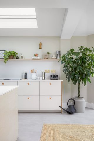 Simple neutral kitchen with floating shelves