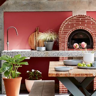 outdoor sink with fireplace and plants