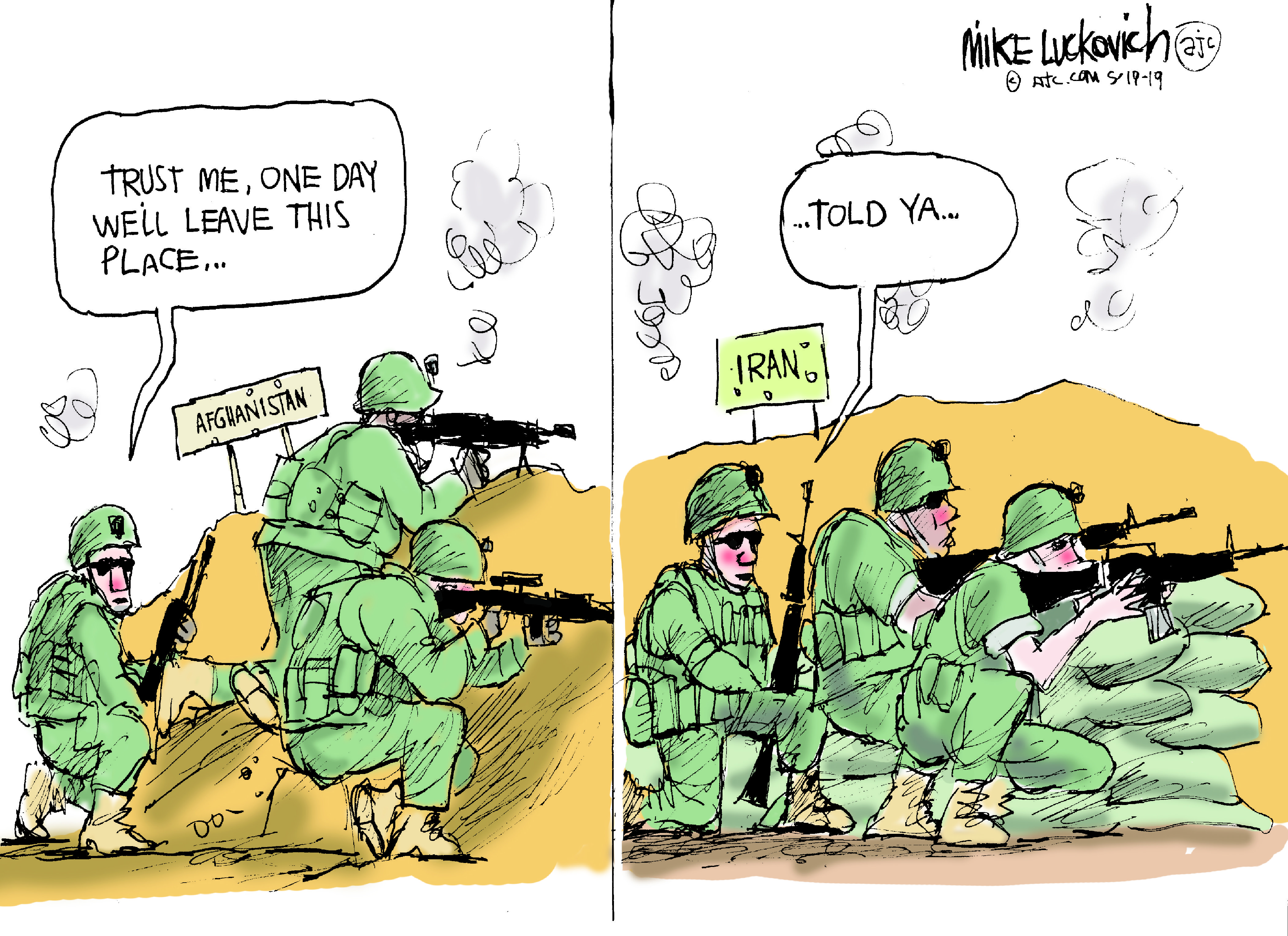 Political Cartoon U.S. Trump potential war on Iran John Bolton