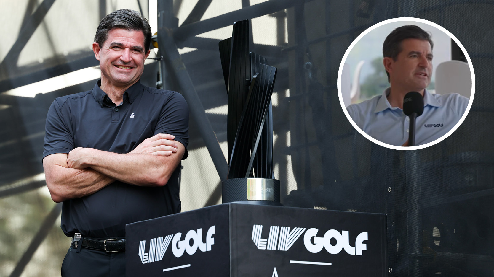 Scott O&#039;Neil poses by a LIV Golf trophy