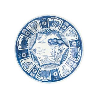Kraak Dinner Plate painted in a blue underglaze in traditional Chinese porcelain