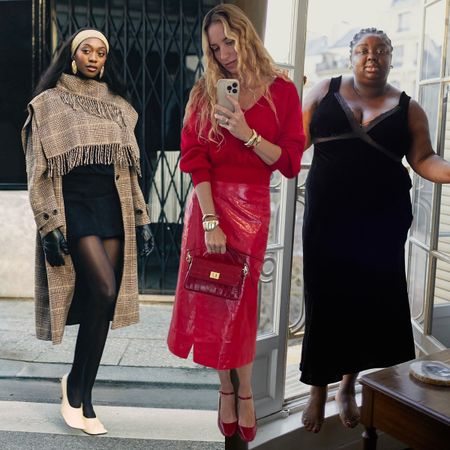 Emmanuelle wears a fringe cape coat, black minidress, and white pumps; olympia wears a red sweater and red leather skirt; abi wears a velvet maxi dress.