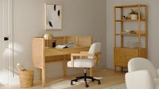 White chair and wooden desk in neutral room