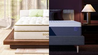 The Saatva Classic Mattress in a brightly lit bedroom (left) and the Nectar Luxe Hybrid Mattress in a darker bedroom (right)