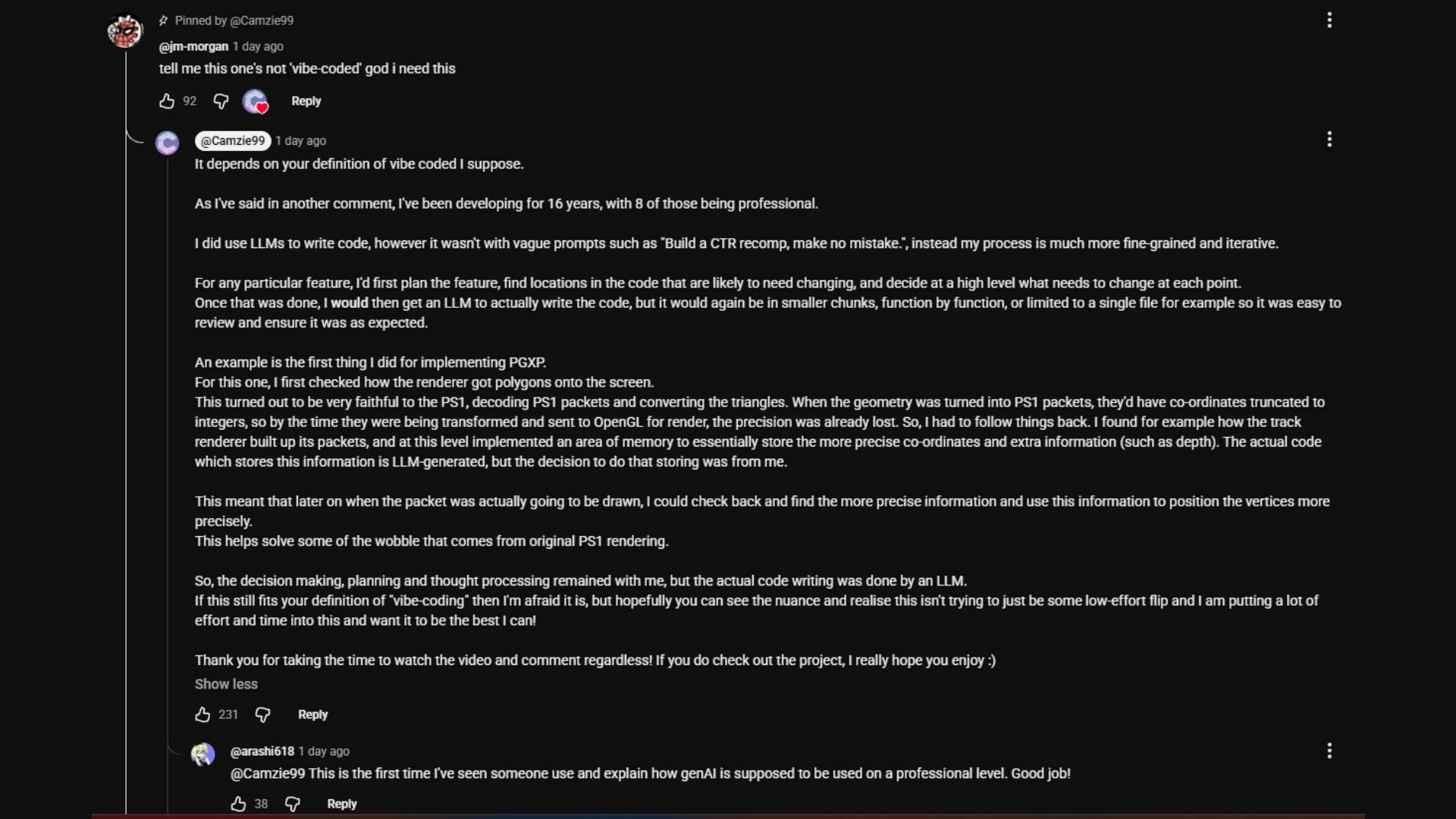 Reply by CRT Turbocharged developer Camzie99 explaining use for LLMs.