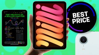 Hand holding iPad mini on bright green background with inset iPad mini and close-up inset iPad mini showing camera. 'Best Price' roundel in background