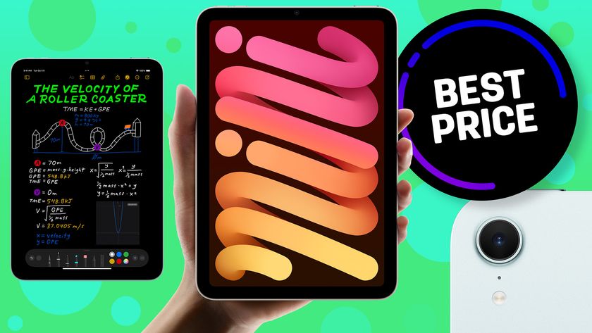 Hand holding iPad mini on bright green background with inset iPad mini and close-up inset iPad mini showing camera. &#039;Best Price&#039; roundel in background 