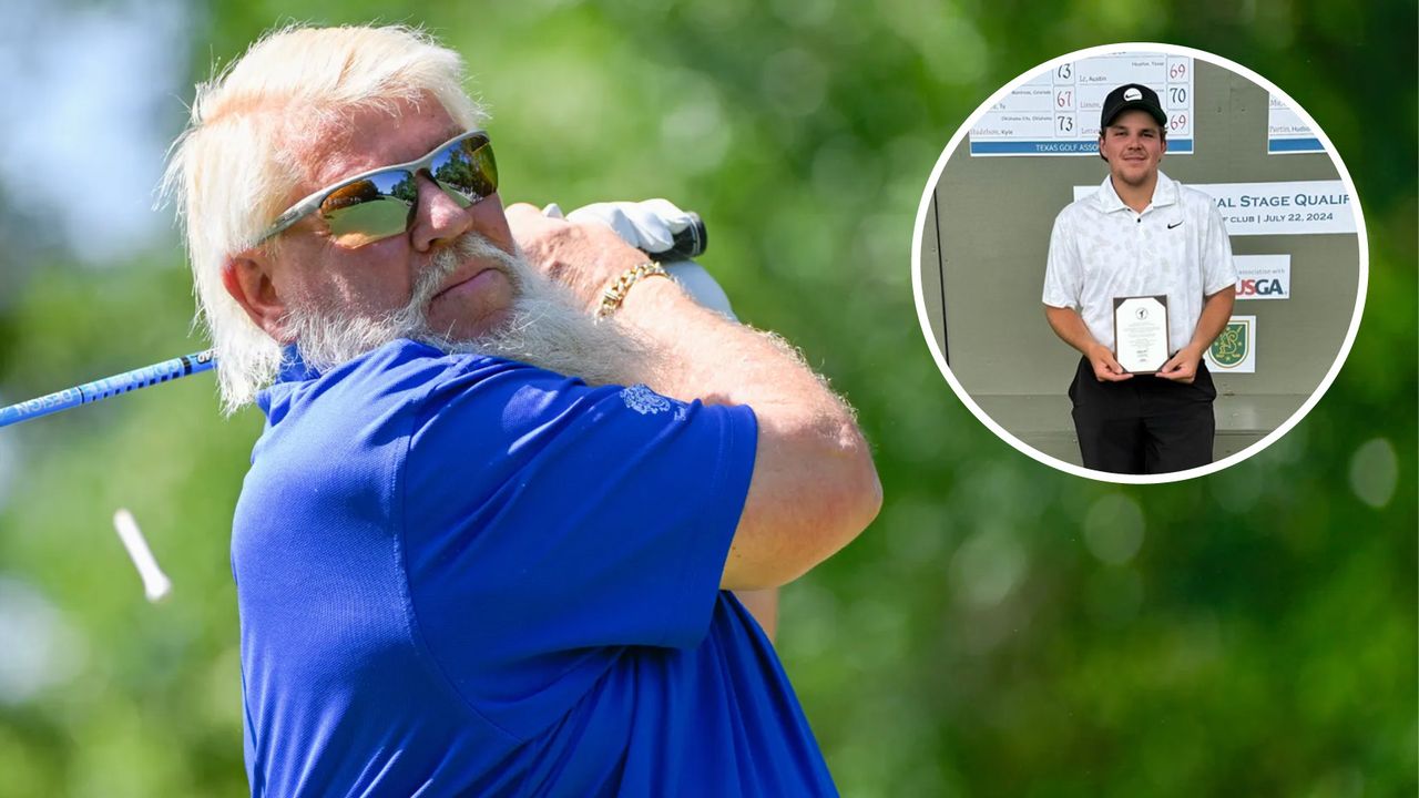 Main image of John Daly and inset photo of his son after qualifying for US Amateur