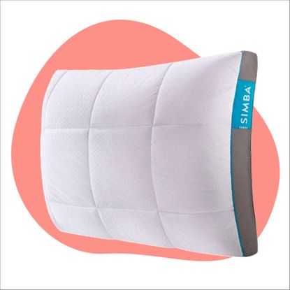 One of the best pillows the Ideal Home team has tried and tested - the Simba hybrid pillow - on a pink background