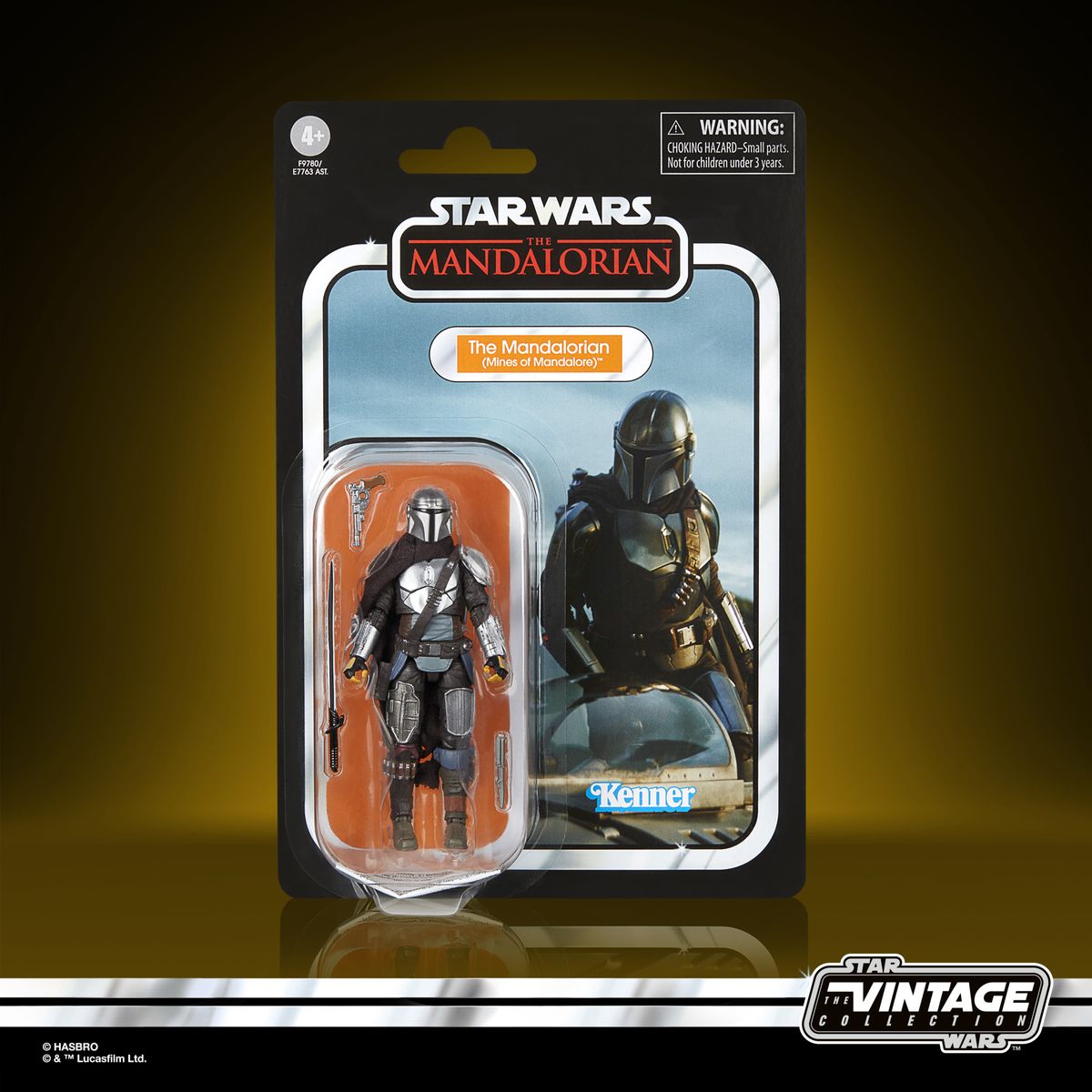 The Vintage Collection Mandalorian figure, posed on a yellow and black background