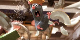 Remy racing through the kitchen in Ratatouille.