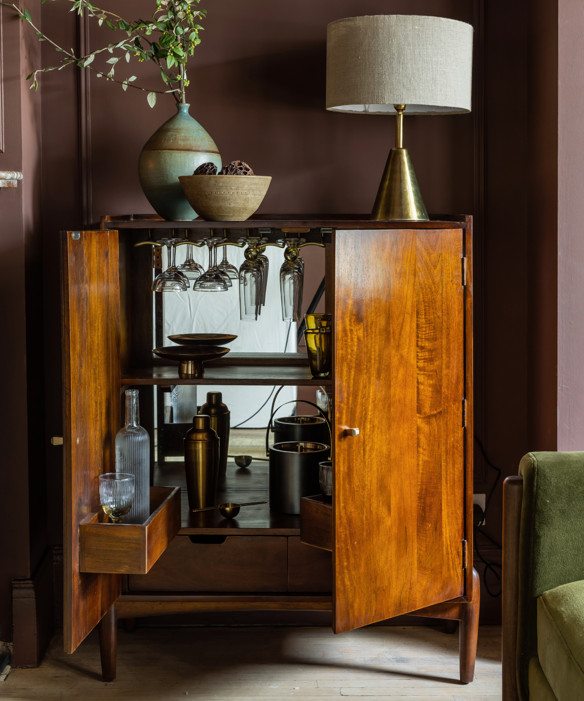 Atkin &amp;amp; Thyme Quinn Bar Cabinet in pink sitting room