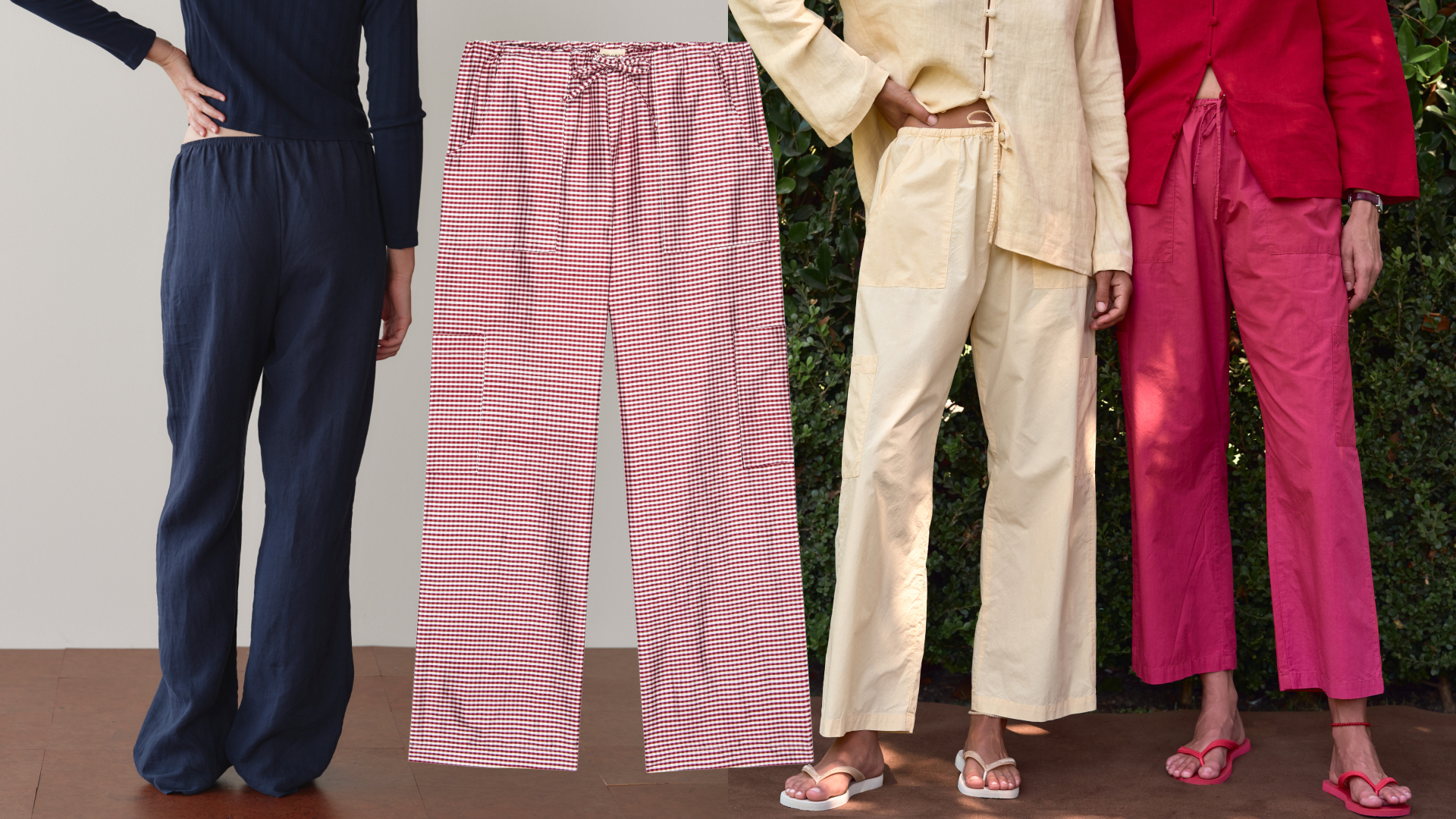 four pairs of Donni pants worn by models and displayed on a backdrop