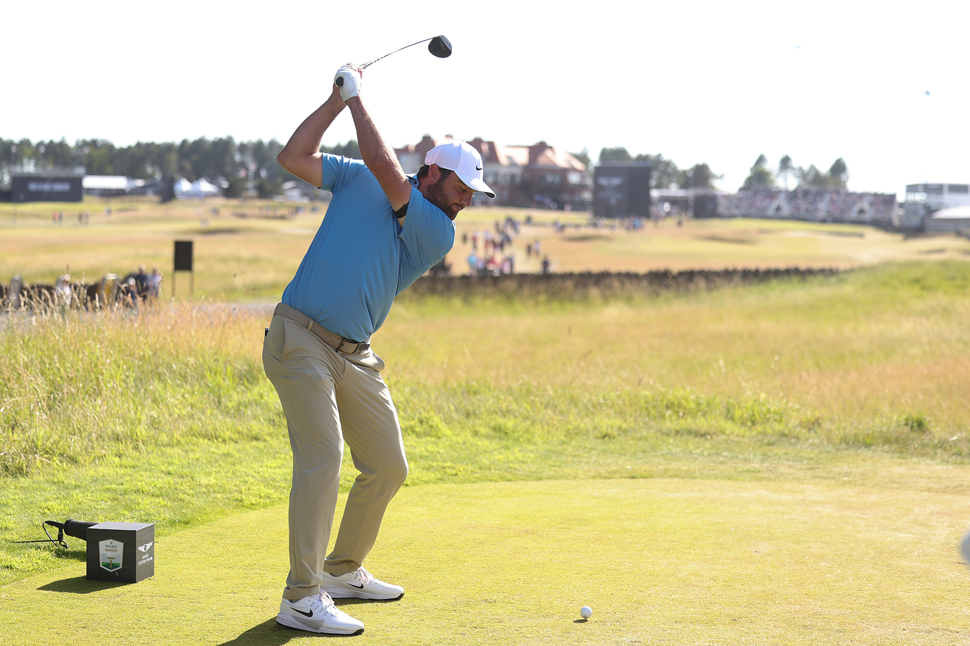 Scottie Scheffler at the top of his backswing on the tee at the Genesis Scottish Open in 2025