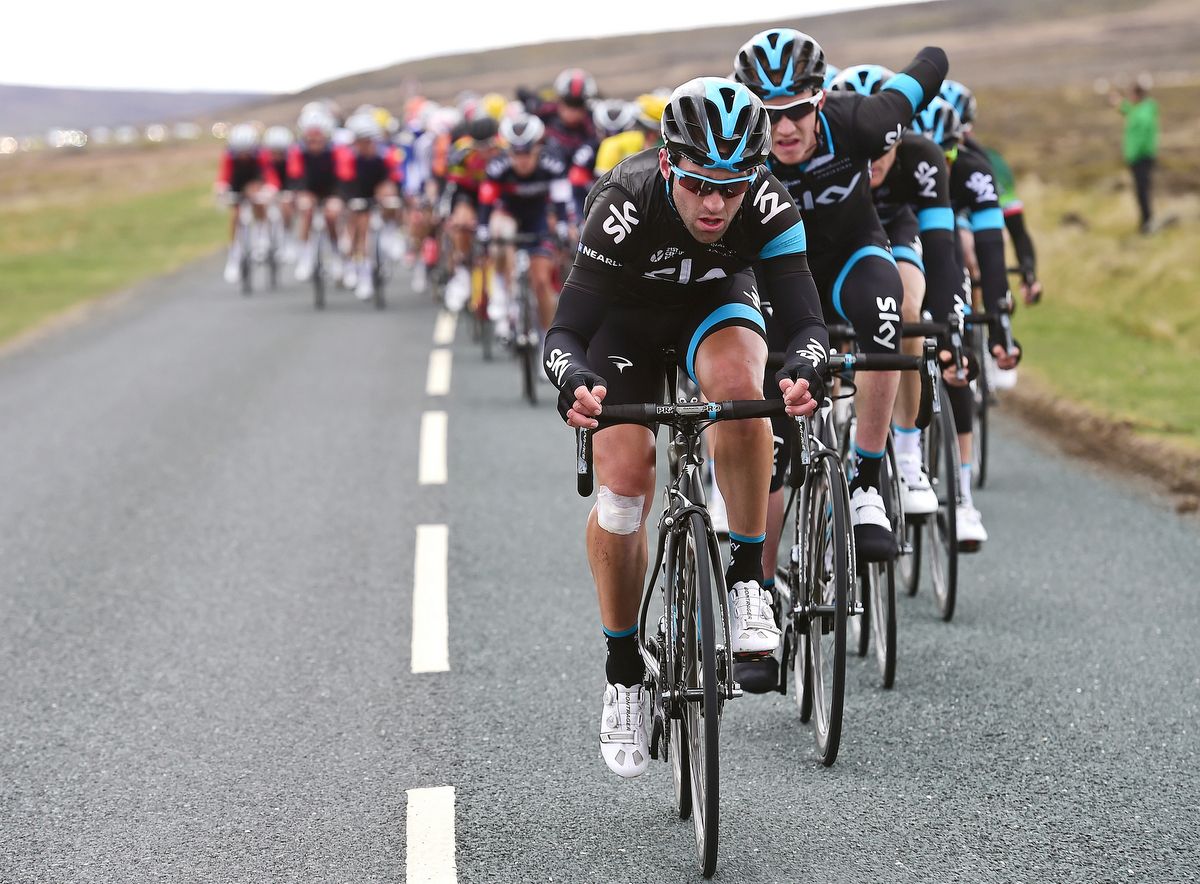 Nathan Earle on the front of the Team Sky train at the Tour de Yorkshire